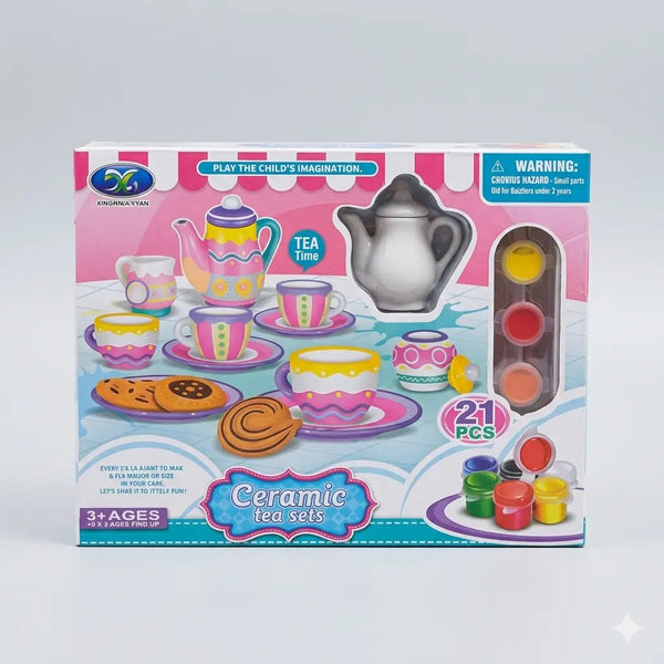 21PCS Kids Tea Set Toy | Pretend Play Ceramic Tea Party Set with Cups, Teapot & Accessories