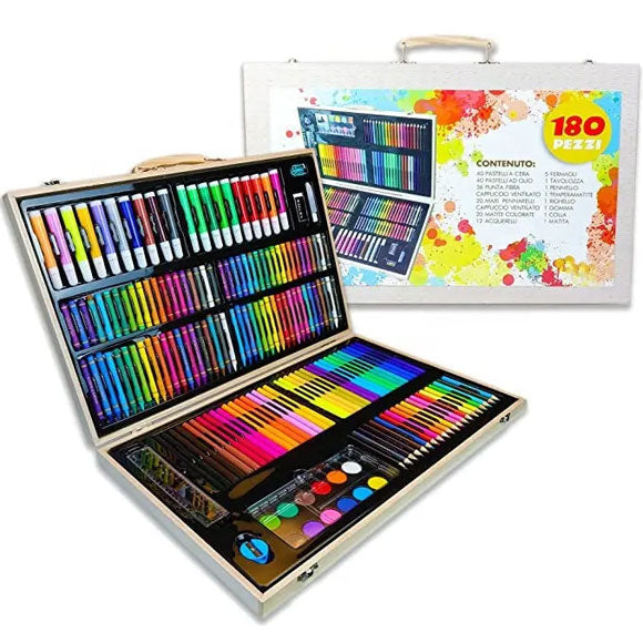 180 Pieces Kids Art Set – Complete Drawing & Painting Kit with Wooden Carry Case