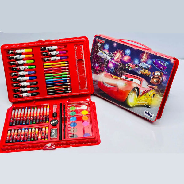 Kids Cars-Themed 86-Piece Art Set – Coloring Kit with Markers, Crayons, Oil Pastels & Watercolors (Portable Case)