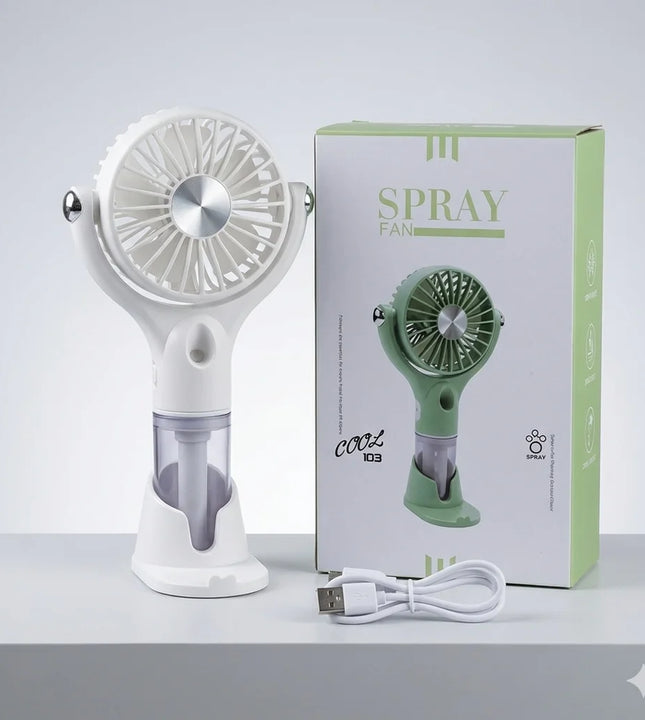 Portable Spray Fan with Water Mist – USB Rechargeable Handheld Cooling Fan (Mini Air Cooler)