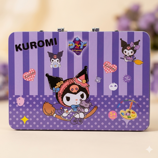 Kuromi-themed product with purple and white striped design on a blurred background