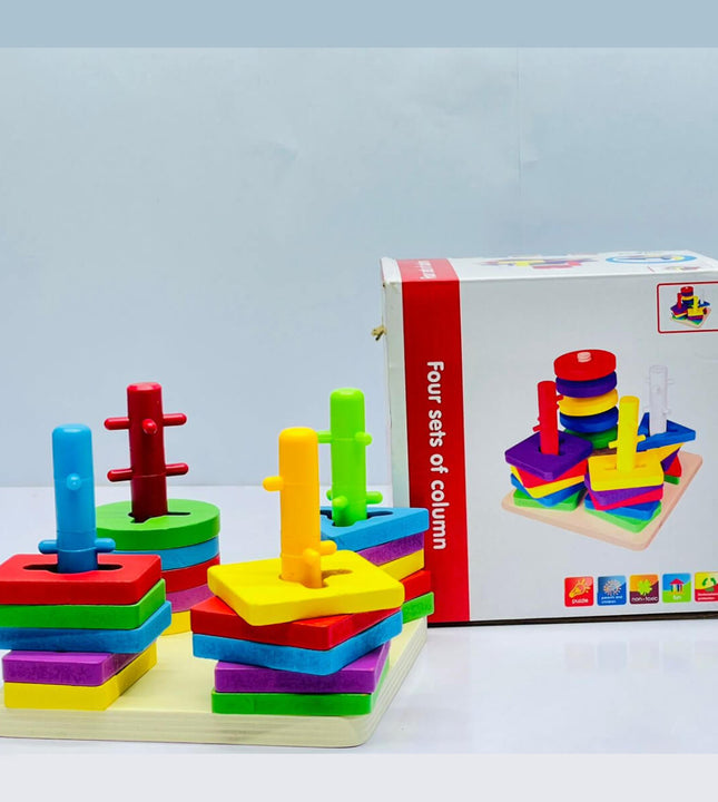 Montessori Wooden Shape Sorting & Stacking Toy – Color Recognition Puzzle for Toddlers