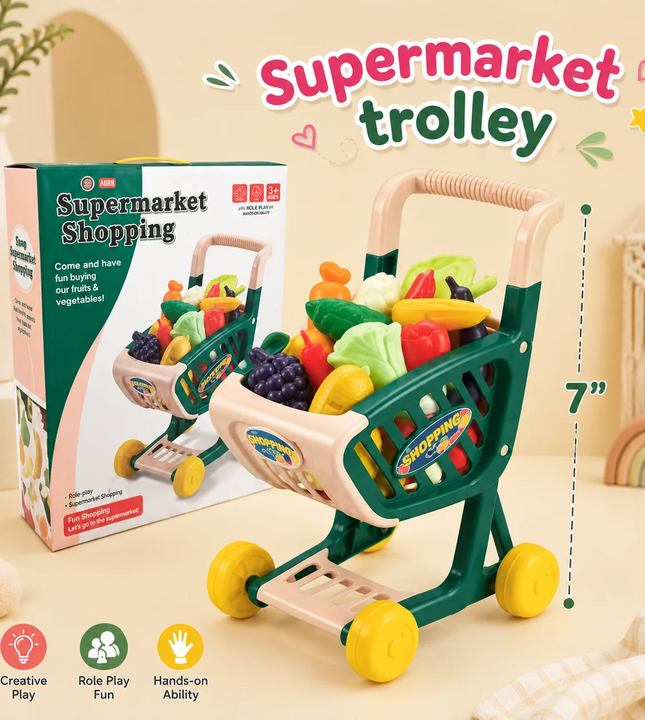 Kids Pretend Grocery Shopping Cart Playset with Toy Fruits & Vegetables