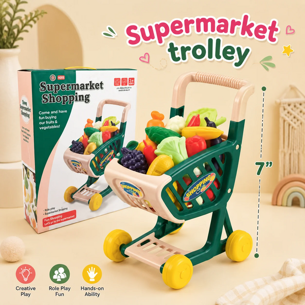 Kids Pretend Grocery Shopping Cart Playset with Toy Fruits & Vegetables